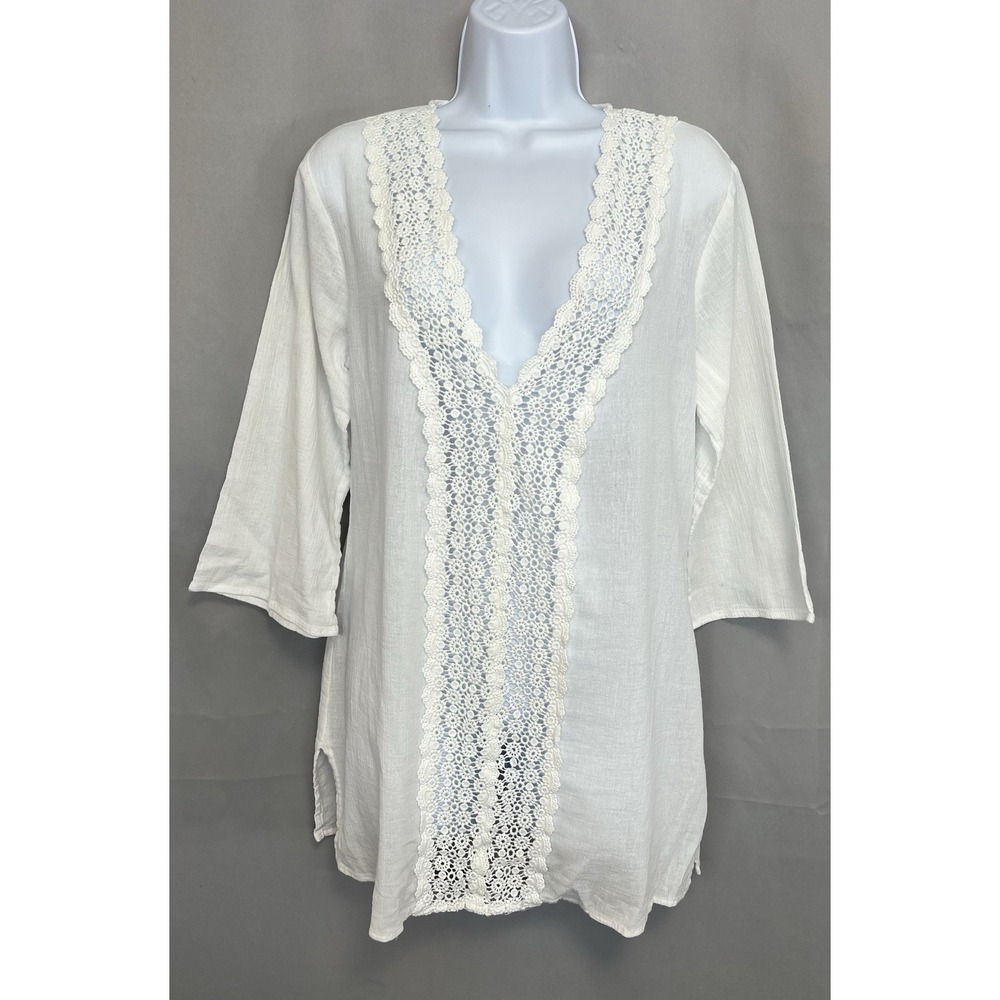 La Blanca Swimsuit Coverup Small Cotton Tunic V-Neck Lace Trim Packable Travel‎